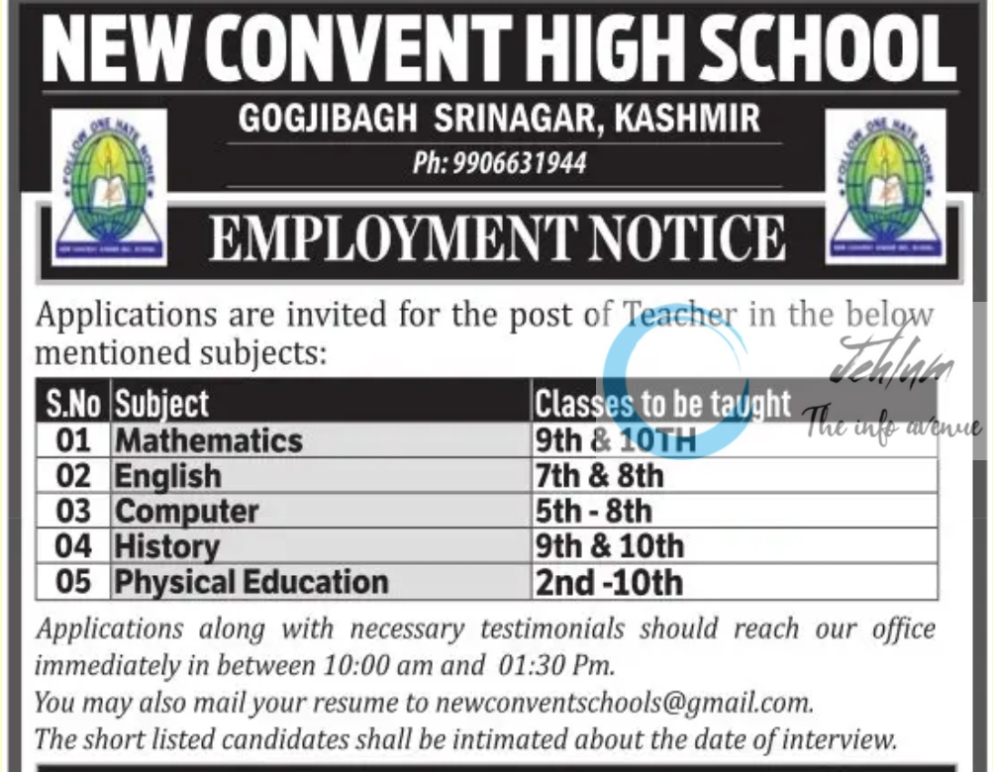 job posting teacher positions at new convent high school, srinagar