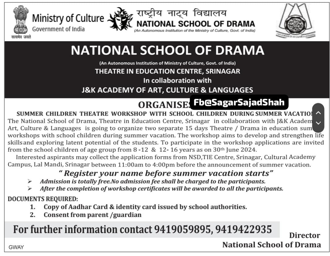 national school of drama announces summer children theatre workshop in srinagar