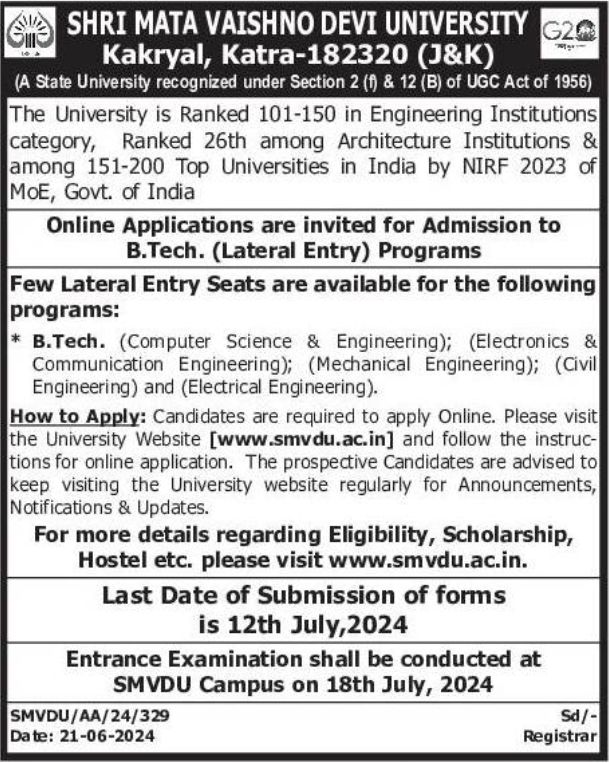 shri mata vaishno devi university opens lateral entry admissions for b.tech programs