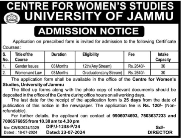 admission notice for certificate courses at centre for women's studies, university of jammu