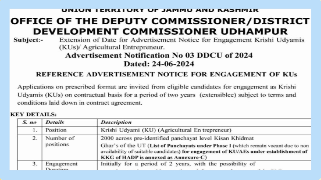 extension of application date for krishi udyamis (kus) in udhampur