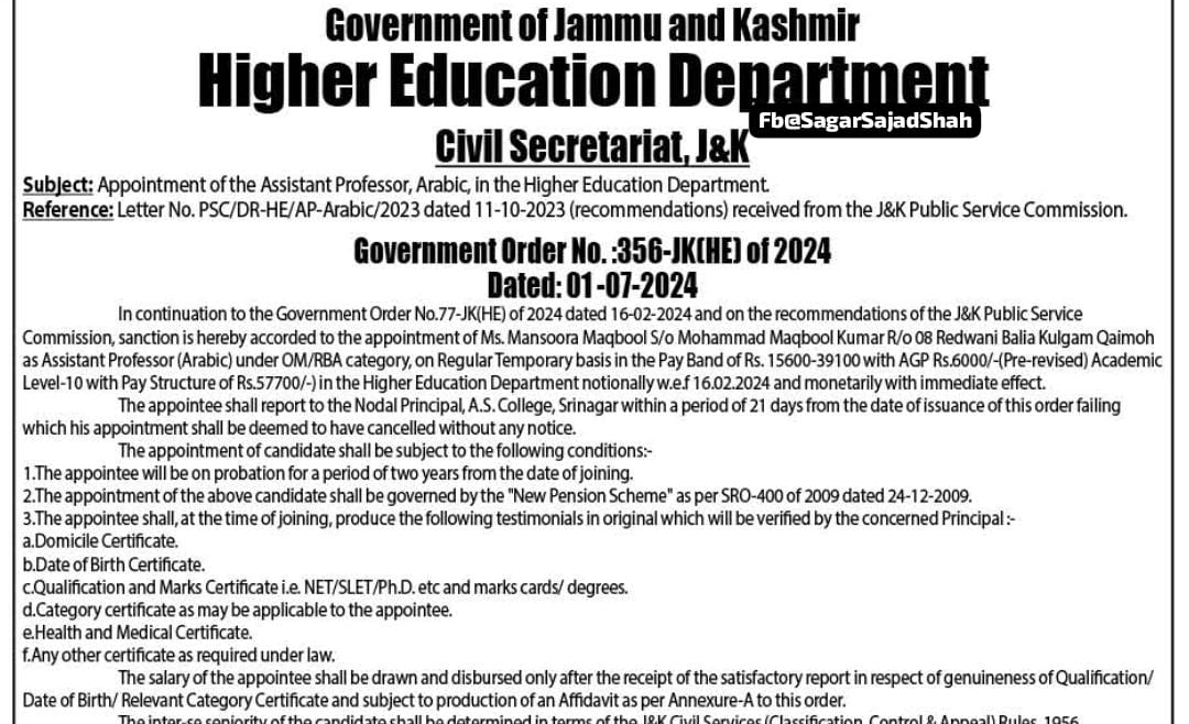 job posting assistant professor, arabic, in the higher education department, j&k government