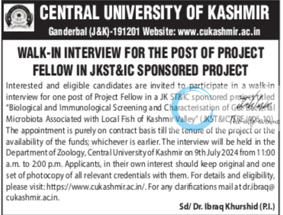 walk in interview for project fellow at central university of kashmir